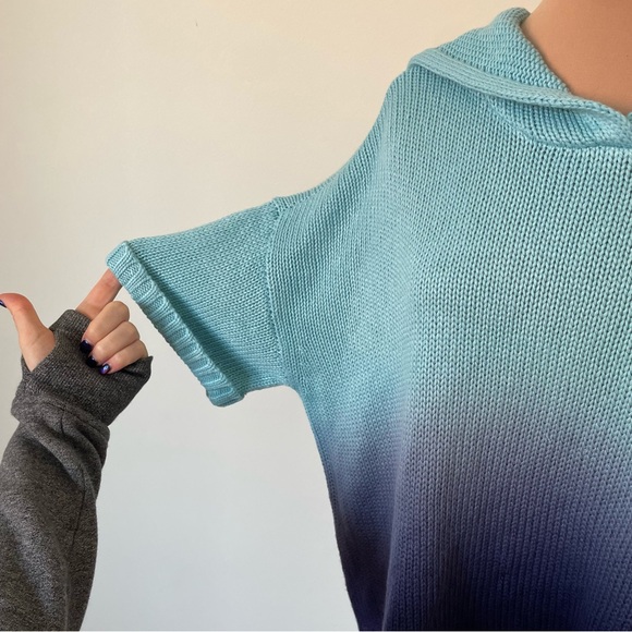 Anthropologie 525 America Blue Ombre Knit Short Sleeve Cropped Hoodie Sweater M - Picture 8 of 12